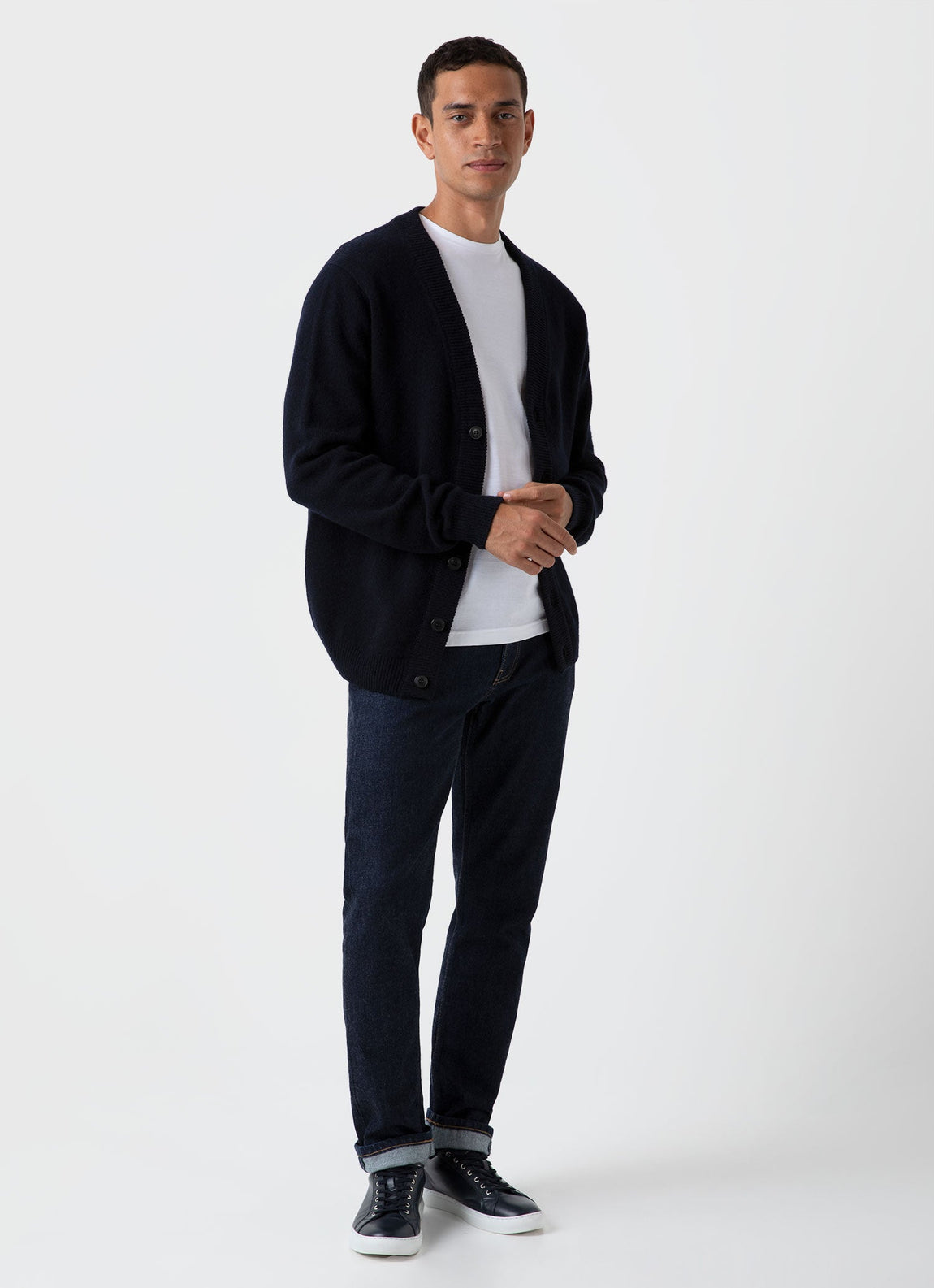 Men's Lambswool Cardigan in Dark Navy Mouline