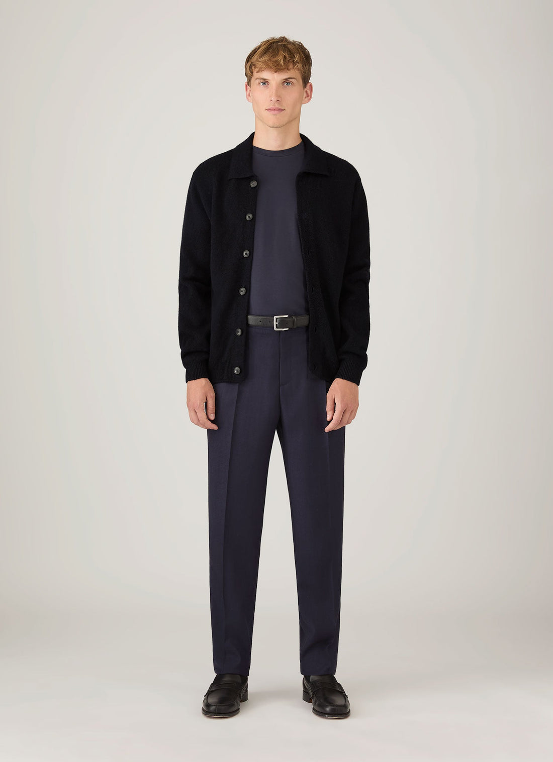 Men's Lambswool Cardigan in Dark Navy Mouline