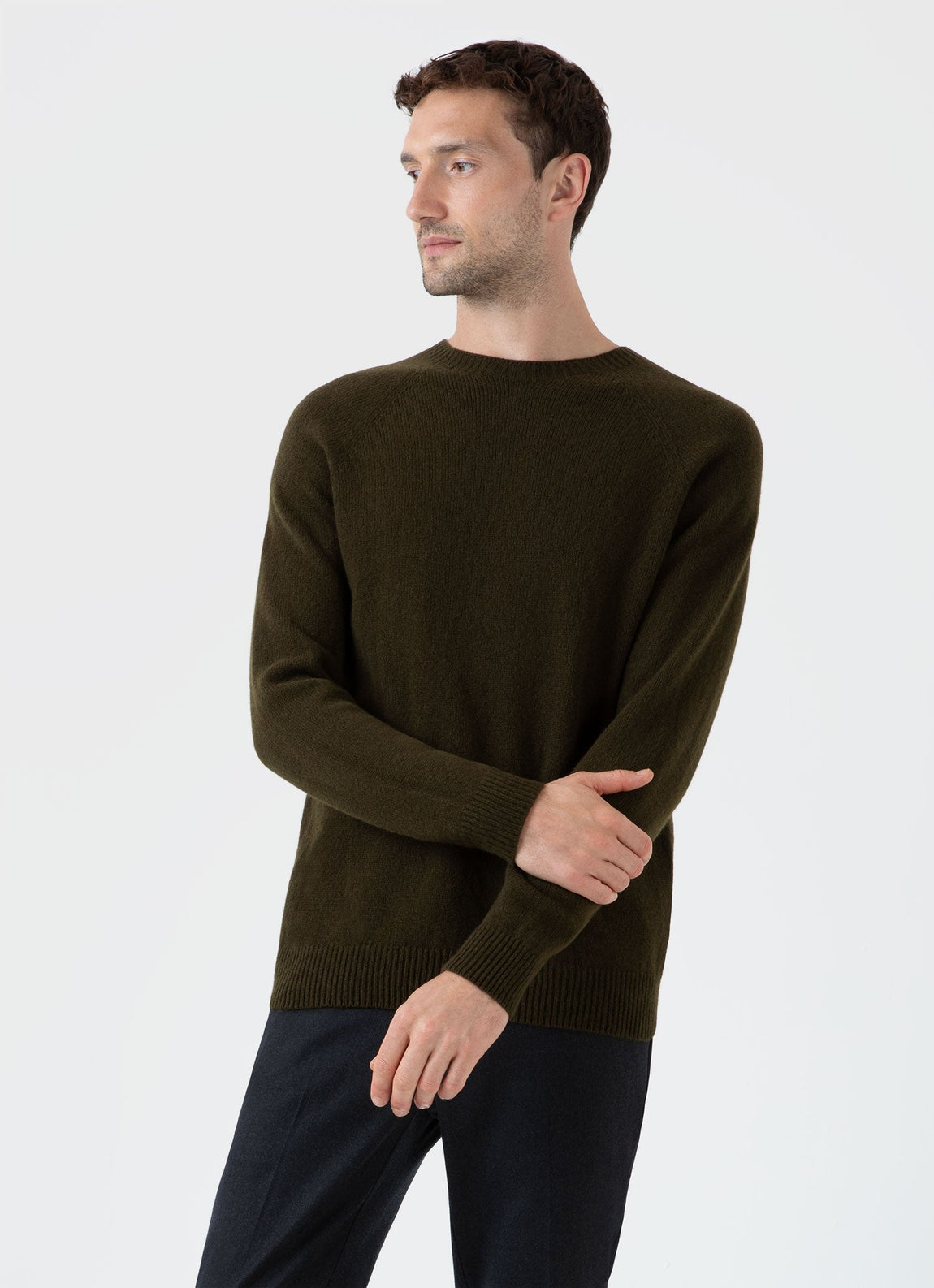 Men's Lambswool Crew Neck Jumper in Dark Olive