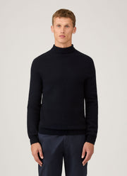 Men's Lambswool Roll Neck in Dark Navy Mouline