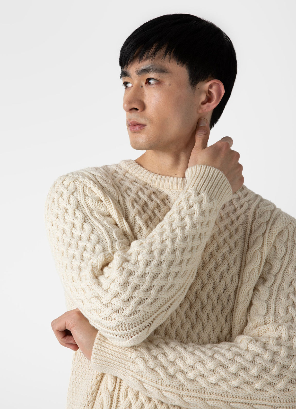 Men's Merino Cable Jumper in Ecru