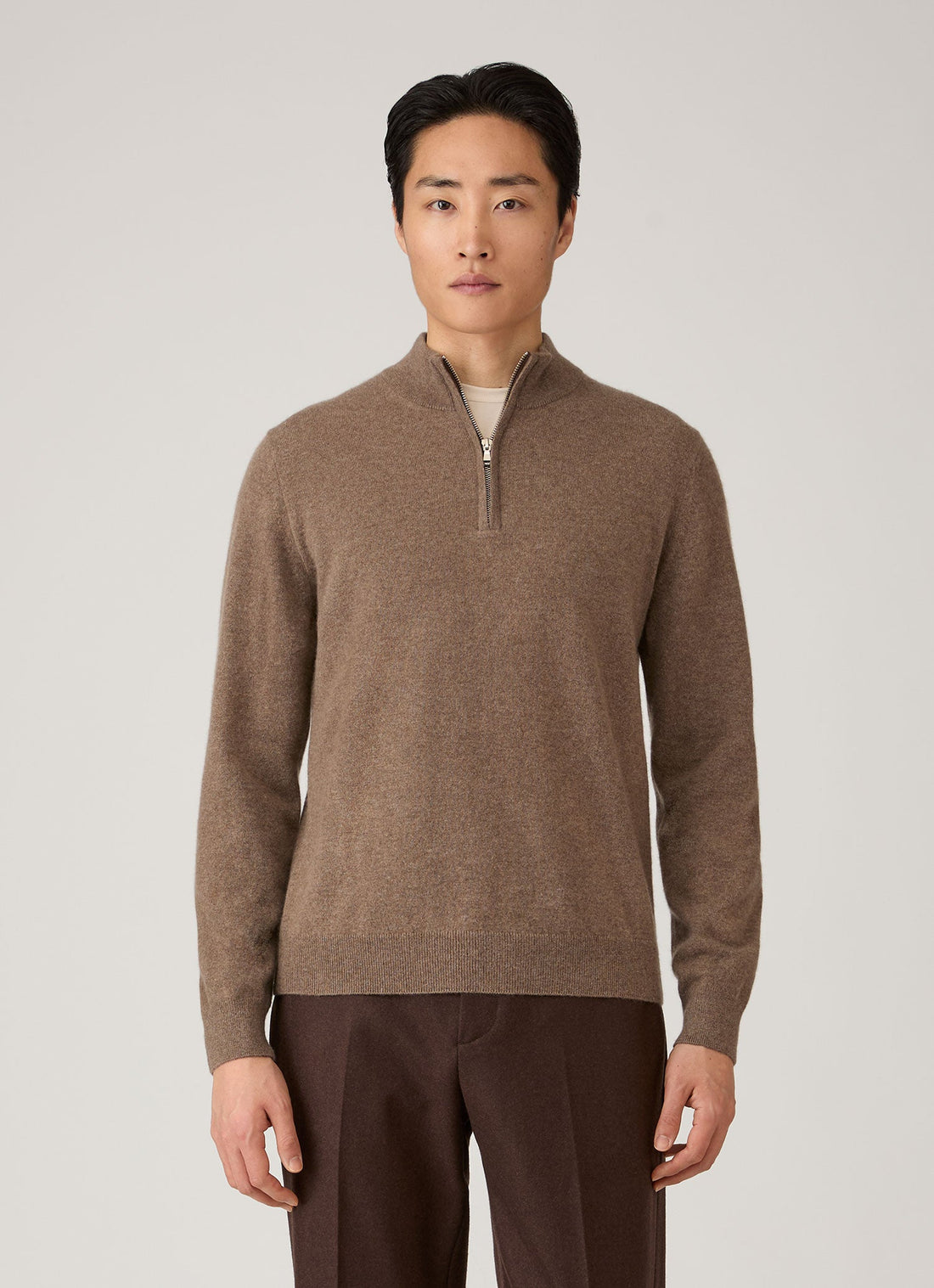 Men's Cashmere Half Zip Jumper in Taupe
