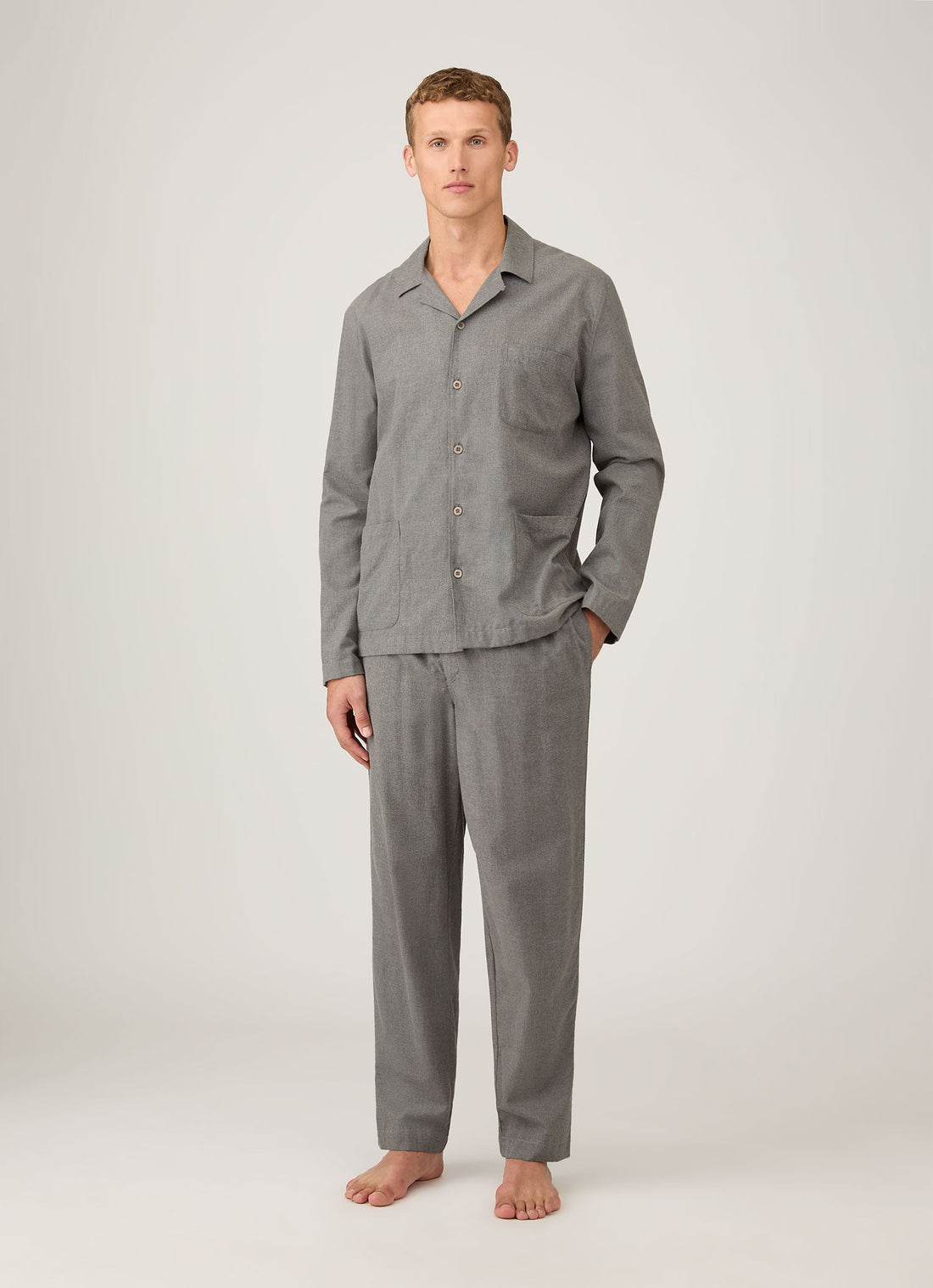 Men's Cotton Flannel Pyjama Shirt in Mid Grey Melange
