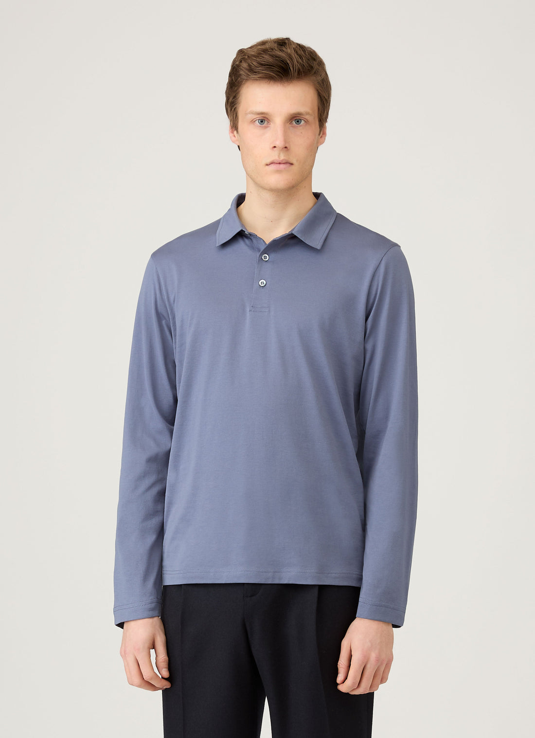 Men's Long Sleeve Classic Jersey Polo Shirt in Selvedge Blue