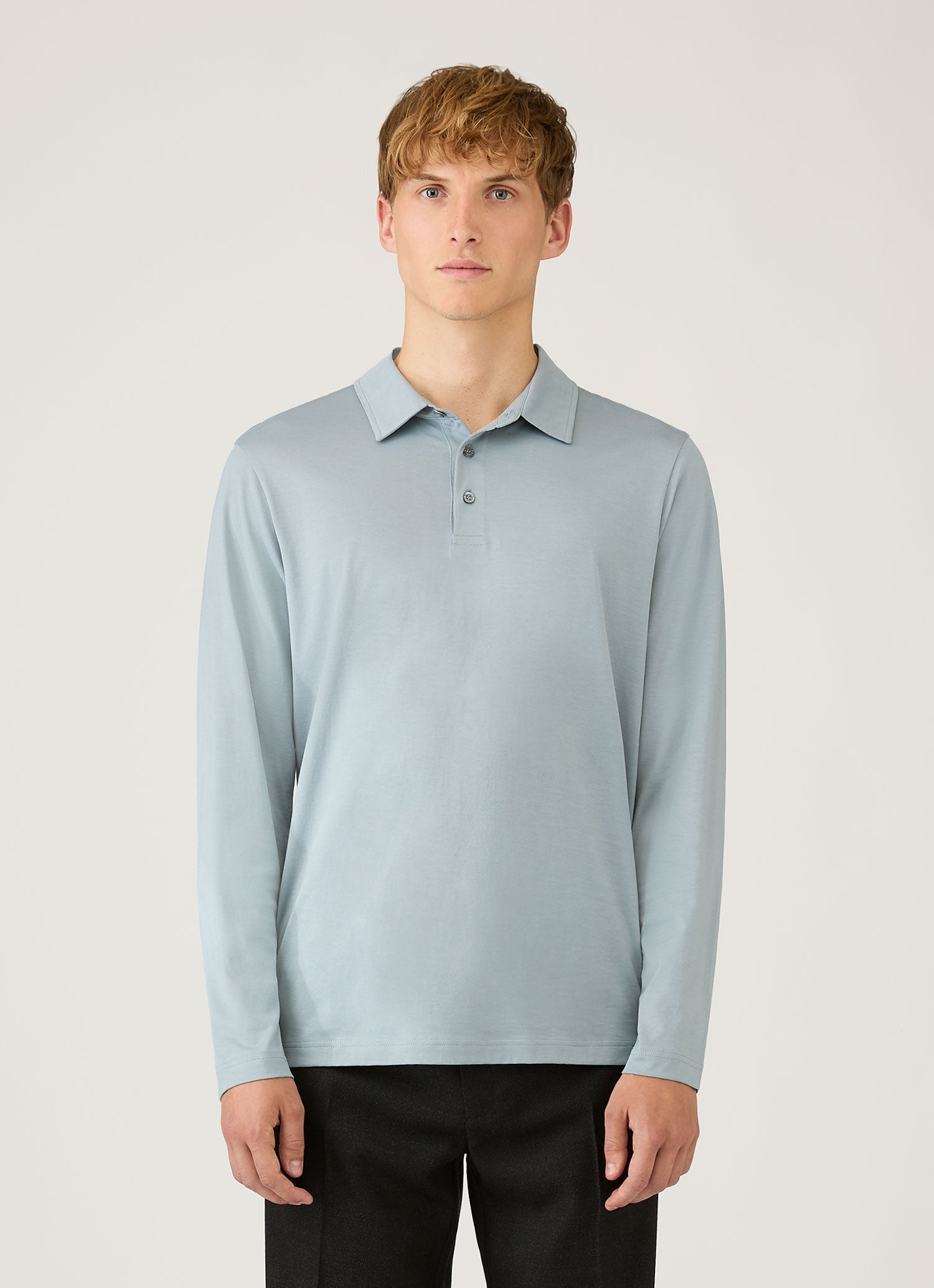 Men's Long Sleeve Classic Jersey Polo Shirt in Stone Blue