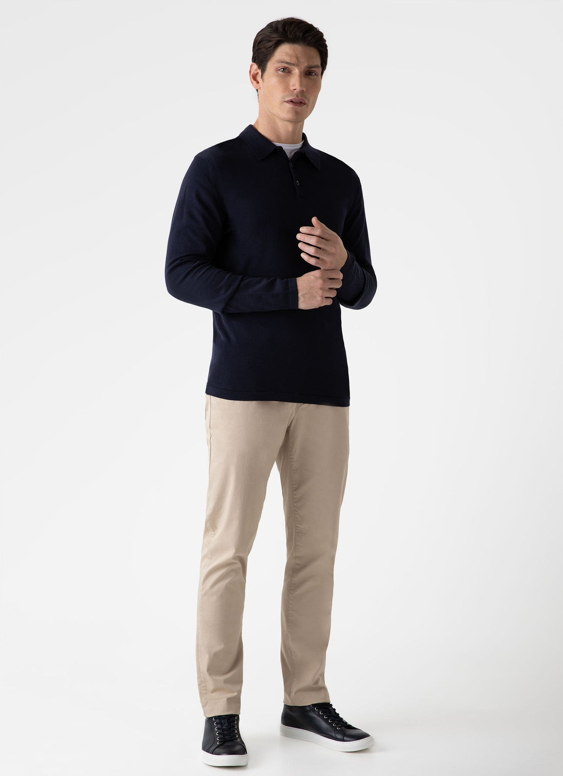 Men's Sea Island Cotton Long Sleeve Polo Shirt in Light Navy