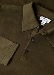 Men's Long Sleeve Sea Island Cotton Knit Polo Shirt in Deep Olive