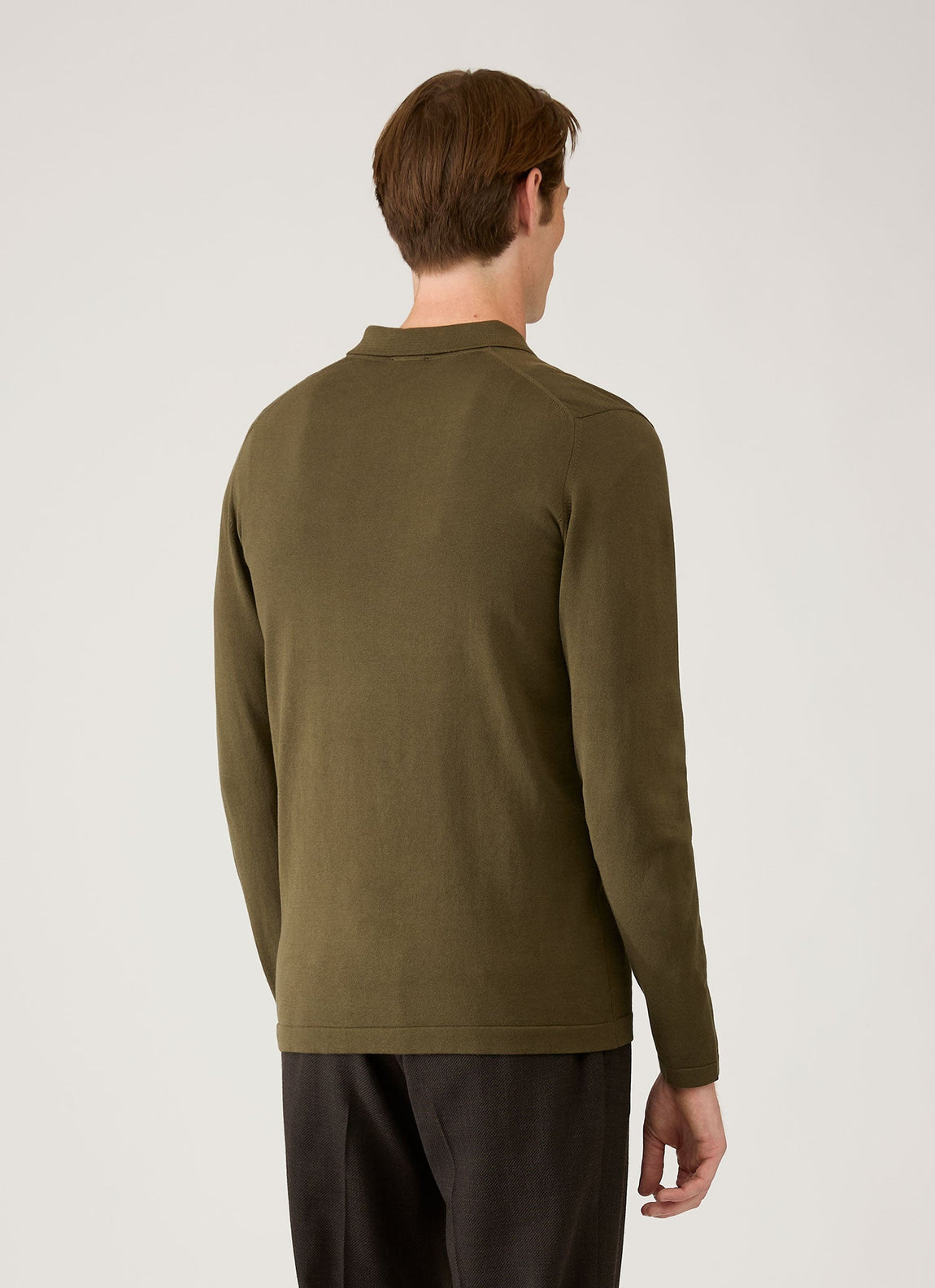Men's Long Sleeve Sea Island Cotton Knit Polo Shirt in Deep Olive