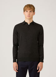 Men's Extra-Fine Merino Knitted Polo Shirt in Charcoal Melange