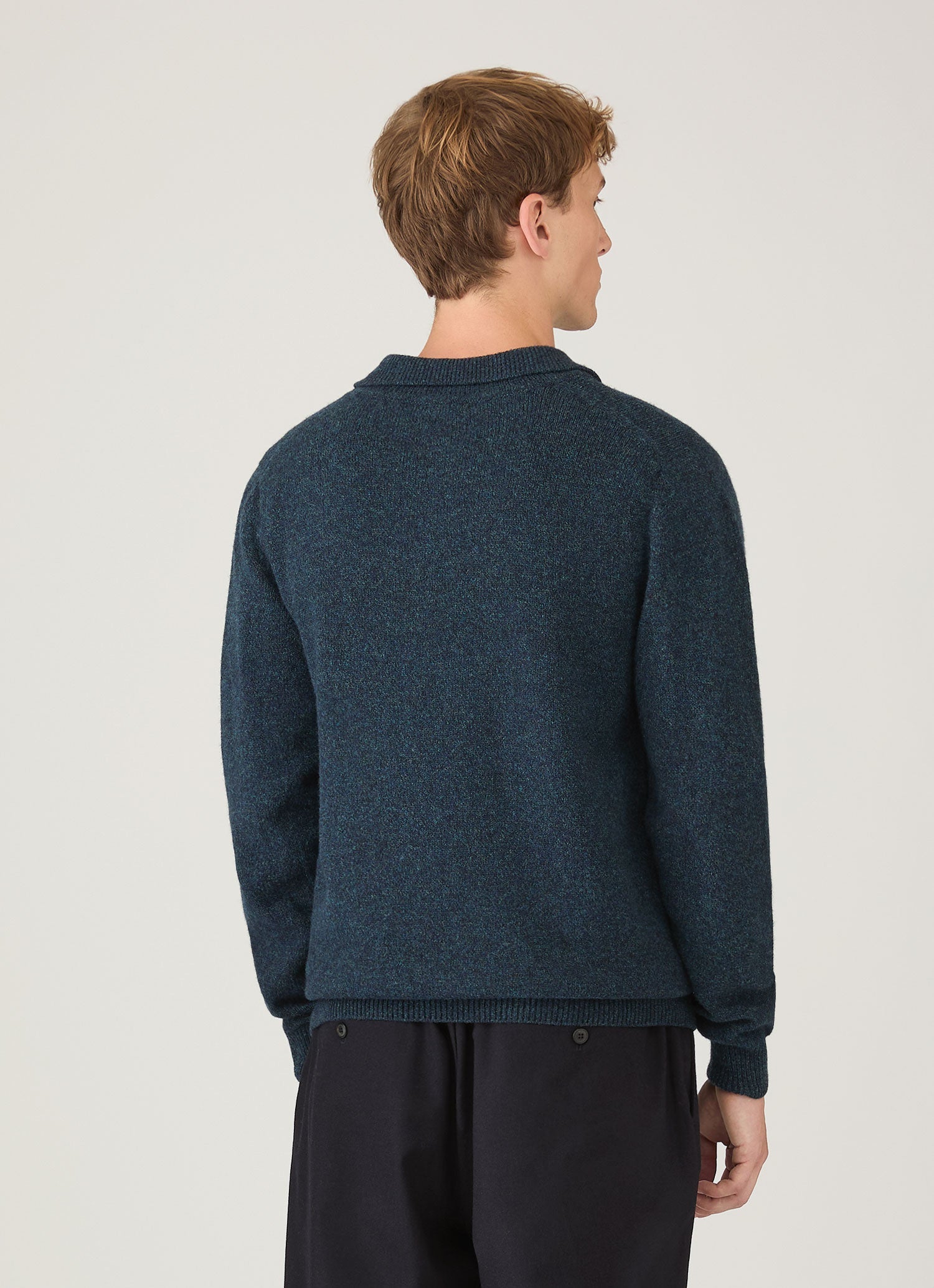 Men's Lambswool Knitted Polo Shirt in Dark Petrol Twist