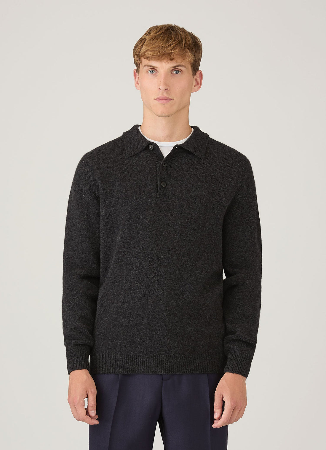 Men's Lambswool Knitted Polo Shirt in Charcoal Melange