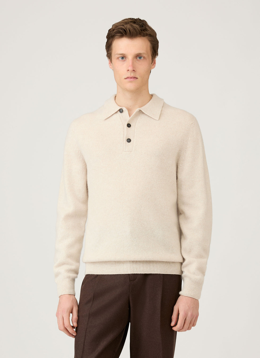 Men's Lambswool Knitted Polo Shirt in Oatmeal Melange