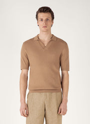 Men's Fine Rib Silk Cotton Polo Shirt in Dune