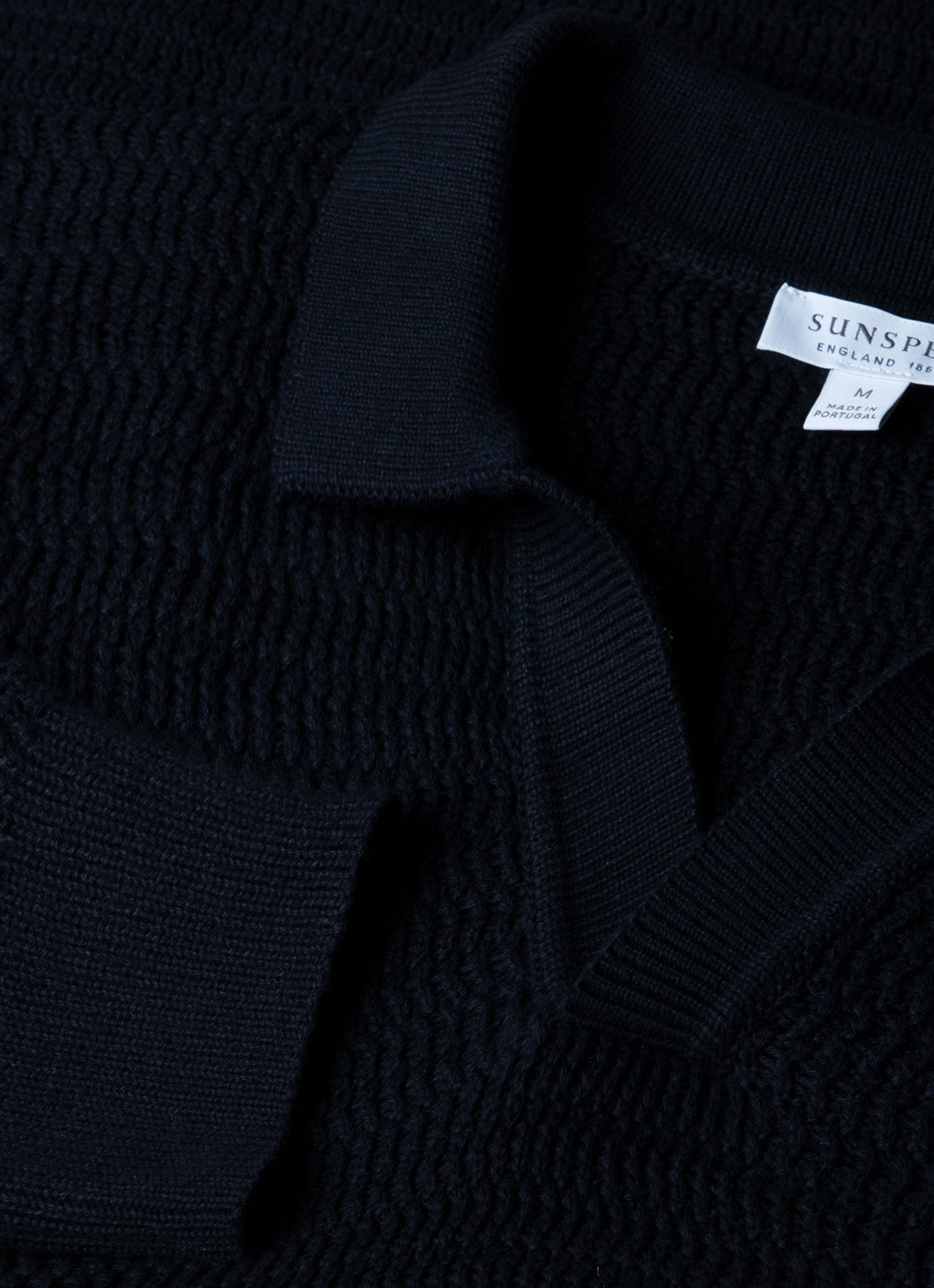 Men's Long Sleeve Textured Cotton Polo Shirt in Navy