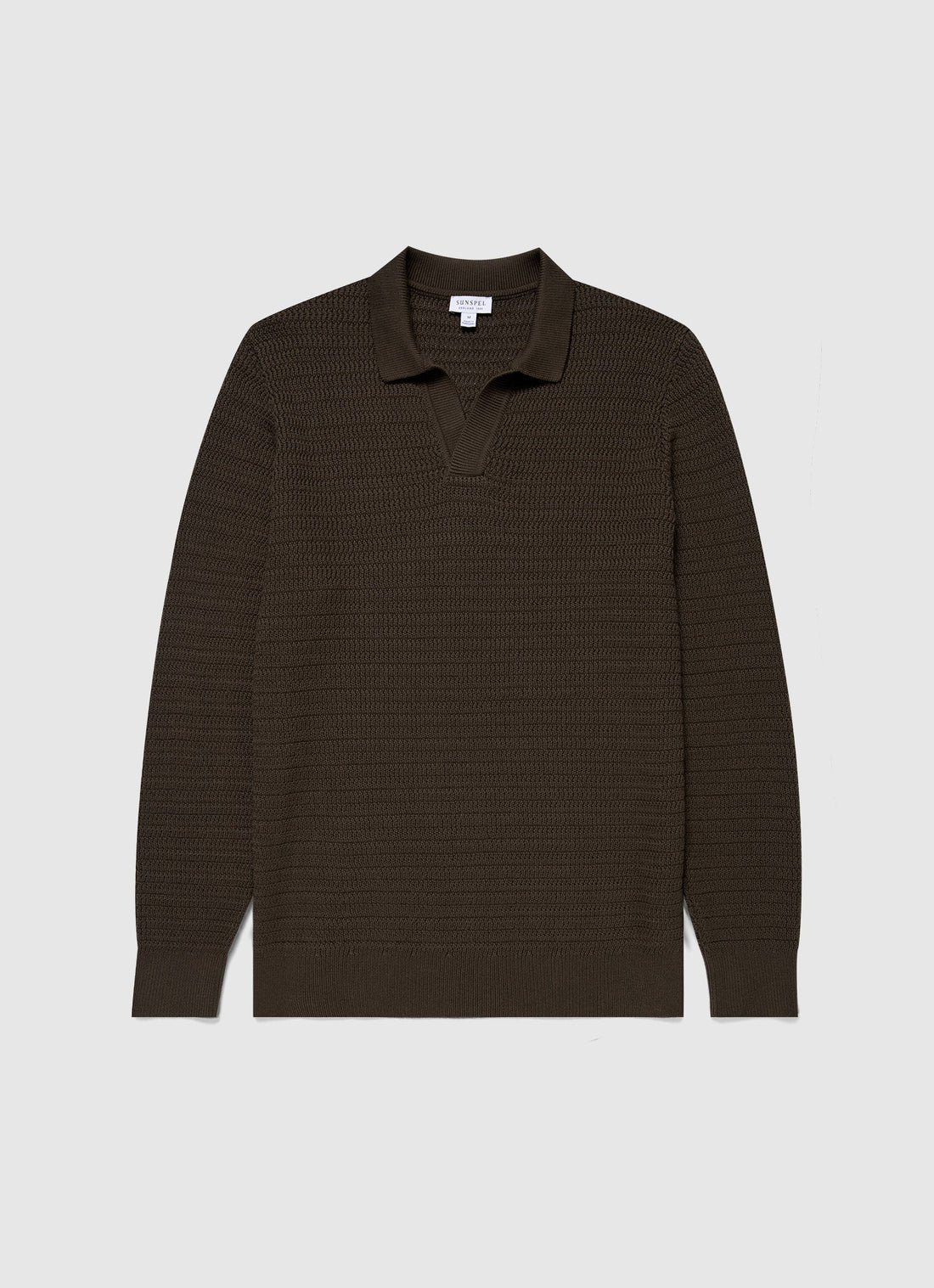 Men's Long Sleeve Textured Cotton Polo Shirt in Khaki