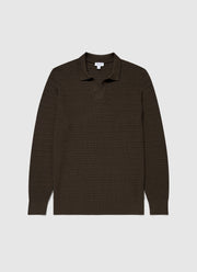 Men's Long Sleeve Textured Cotton Polo Shirt in Khaki