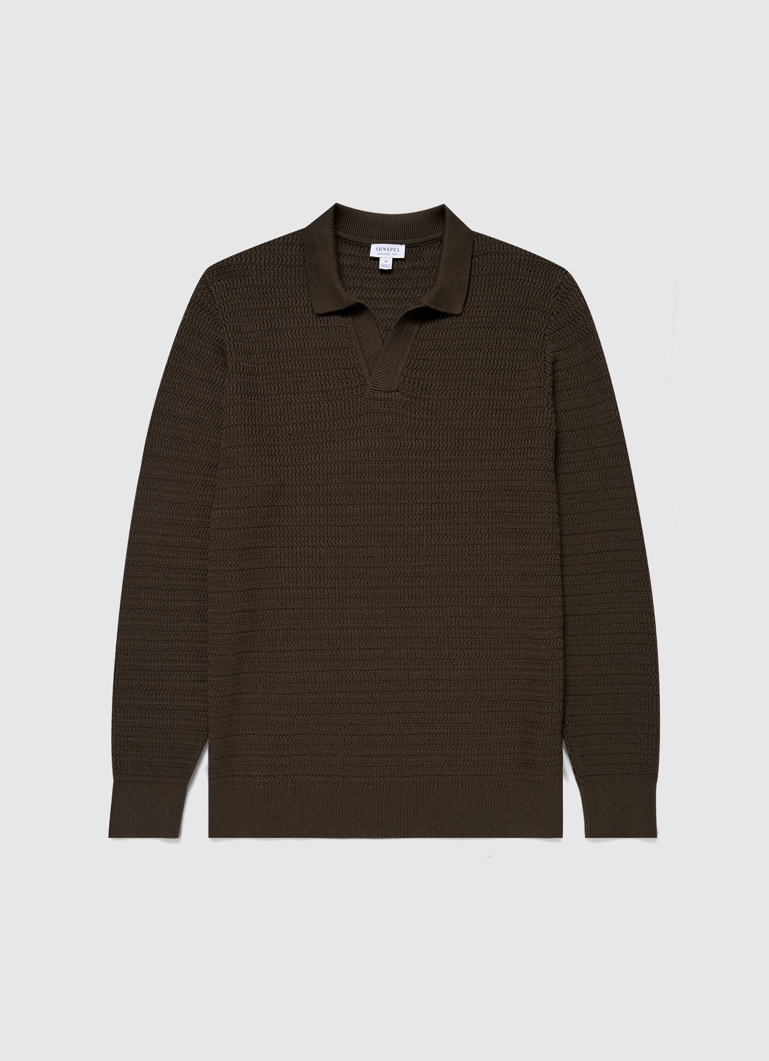 Men's Long Sleeve Textured Cotton Polo Shirt in Khaki