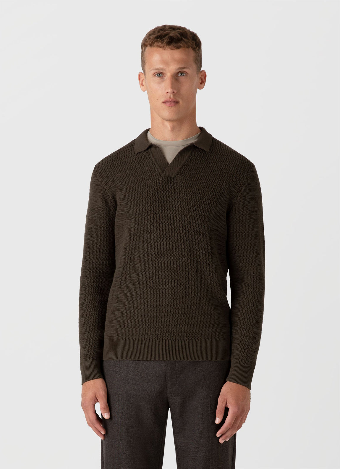 Men's Long Sleeve Textured Cotton Polo Shirt in Khaki