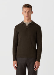 Men's Long Sleeve Textured Cotton Polo Shirt in Khaki