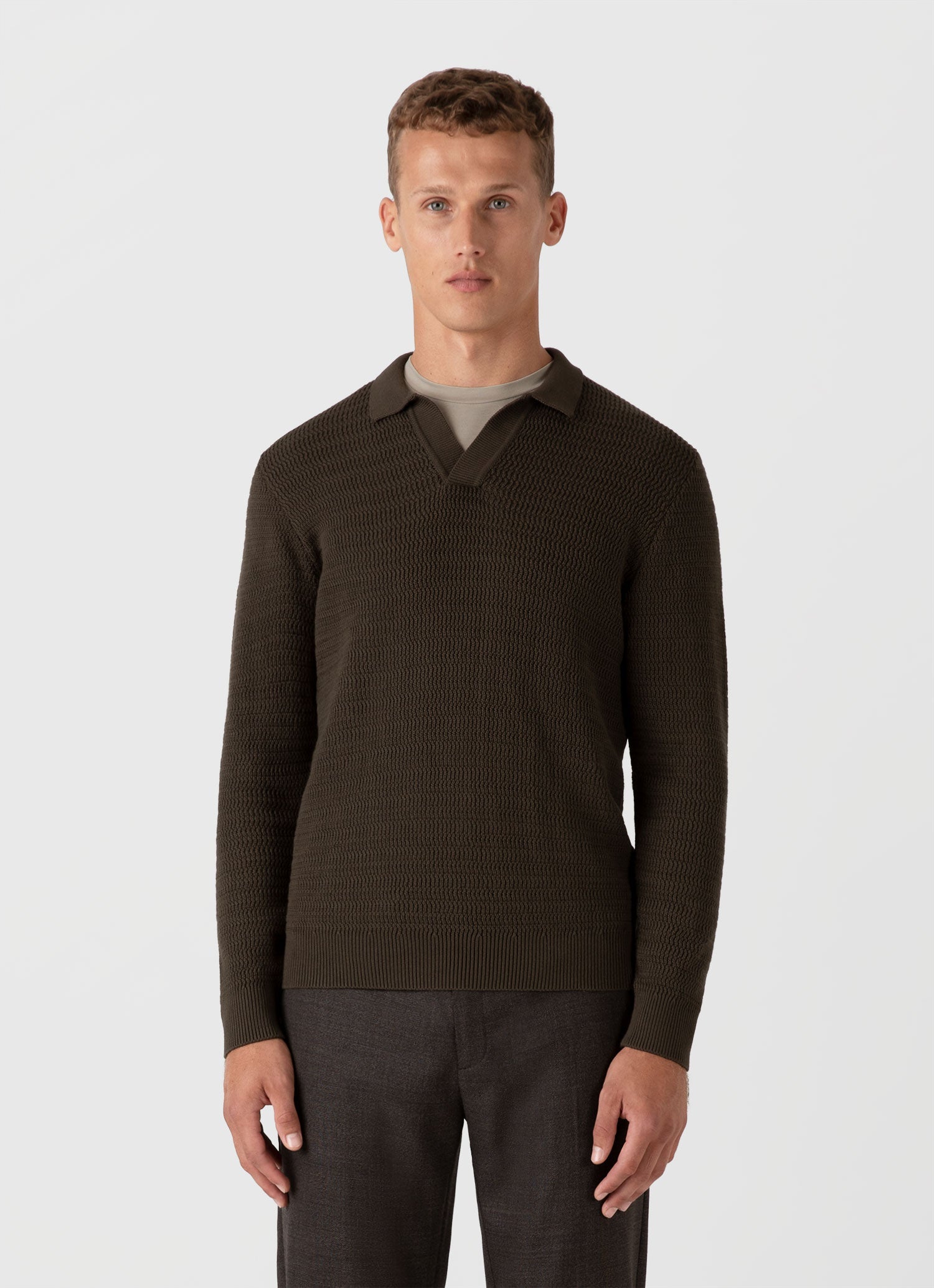 Men's Long Sleeve Textured Cotton Polo Shirt in Khaki