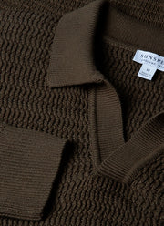 Men's Long Sleeve Textured Cotton Polo Shirt in Khaki