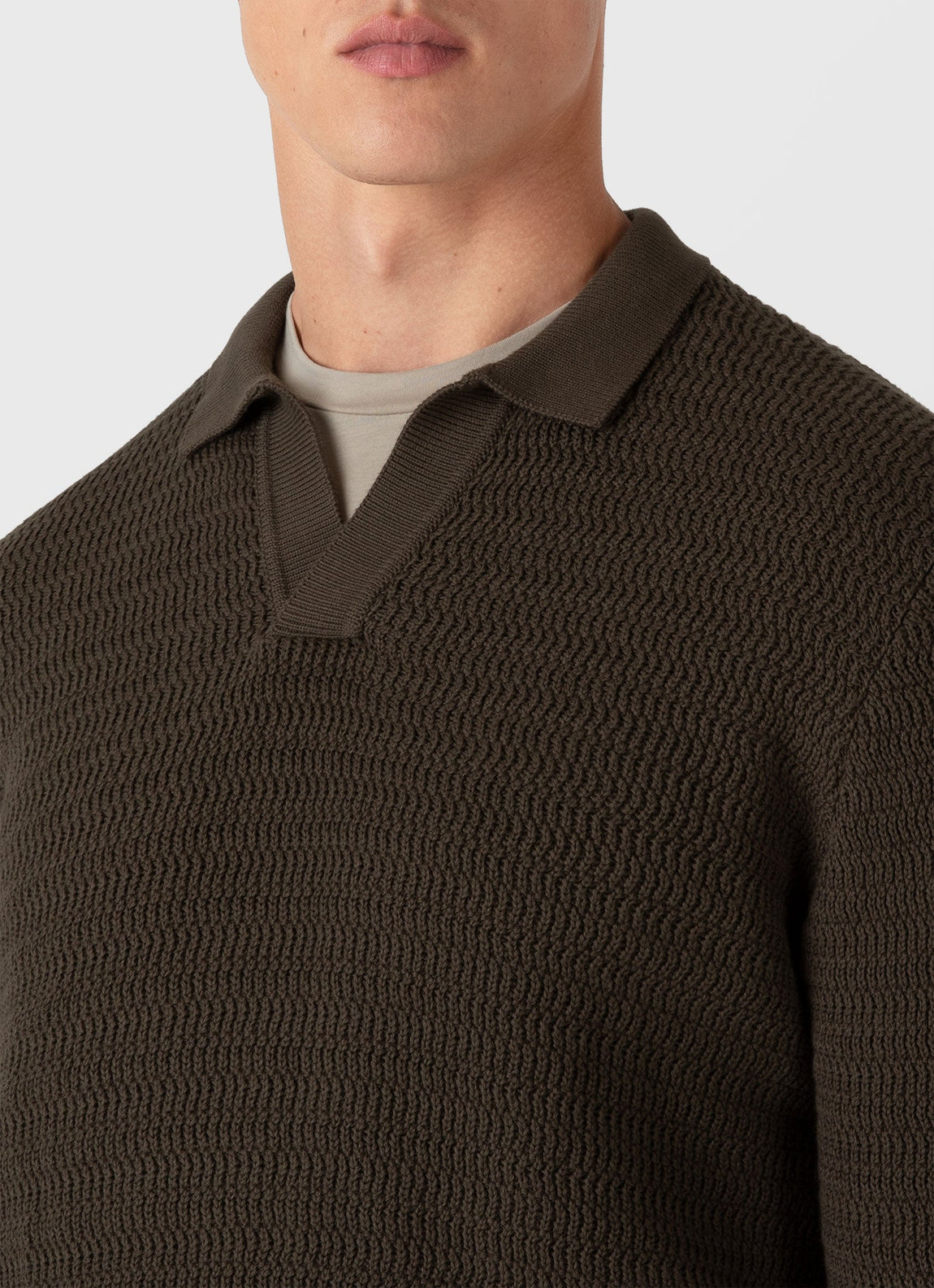 Men's Long Sleeve Textured Cotton Polo Shirt in Khaki