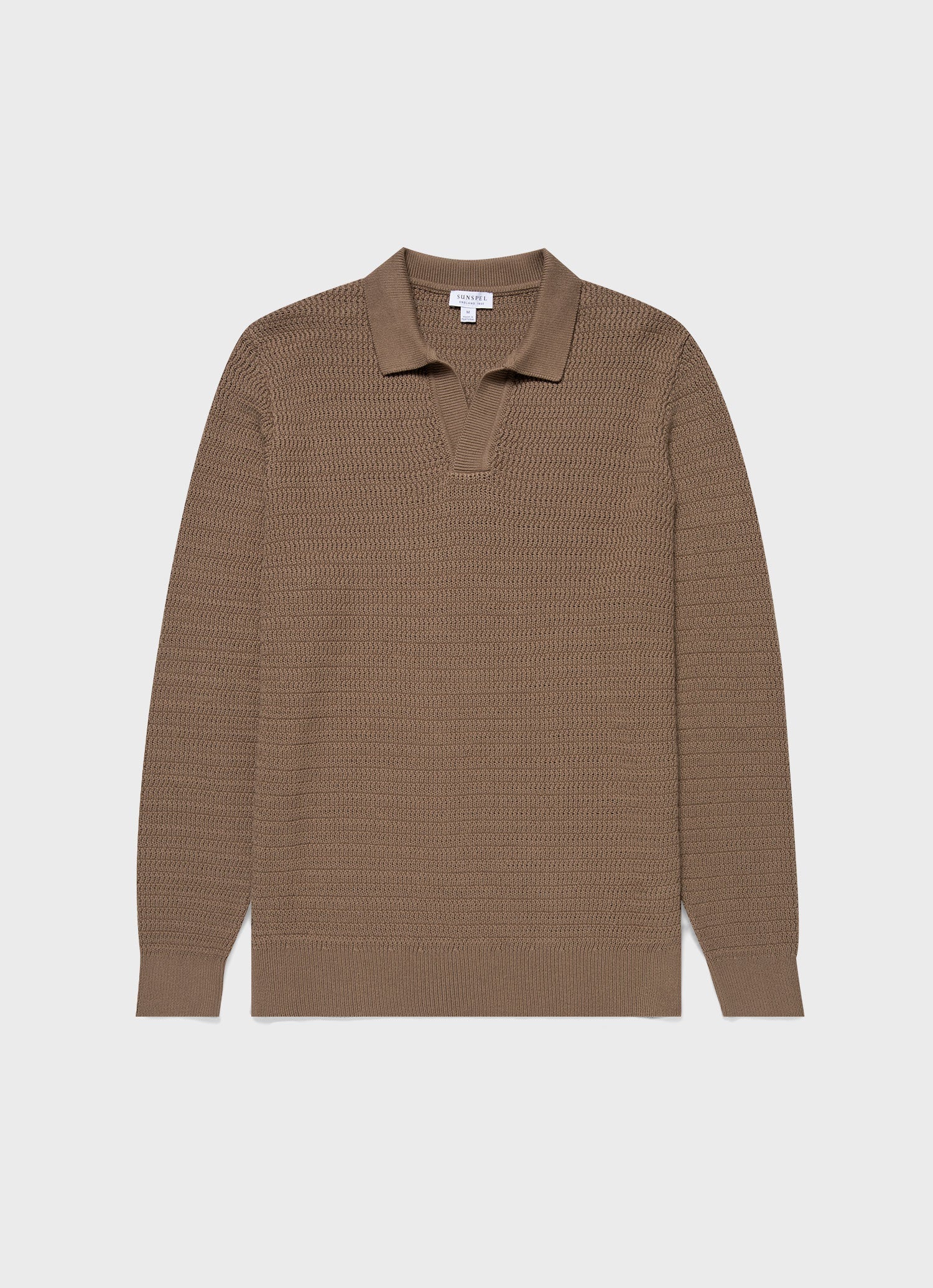 Men's Long Sleeve Textured Cotton Polo Shirt in Dark Stone