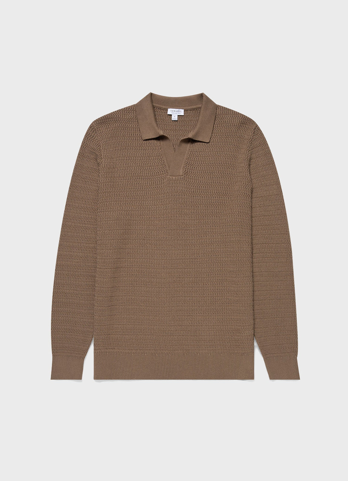 Men's Long Sleeve Textured Cotton Polo Shirt in Dark Stone