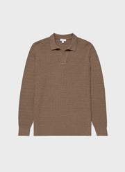 Men's Long Sleeve Textured Cotton Polo Shirt in Dark Stone