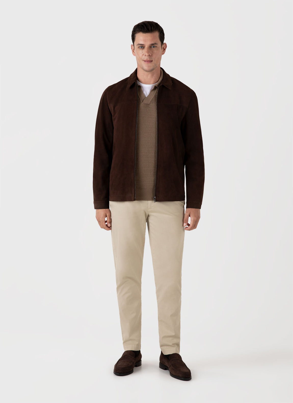 Men's Long Sleeve Textured Cotton Polo Shirt in Dark Stone