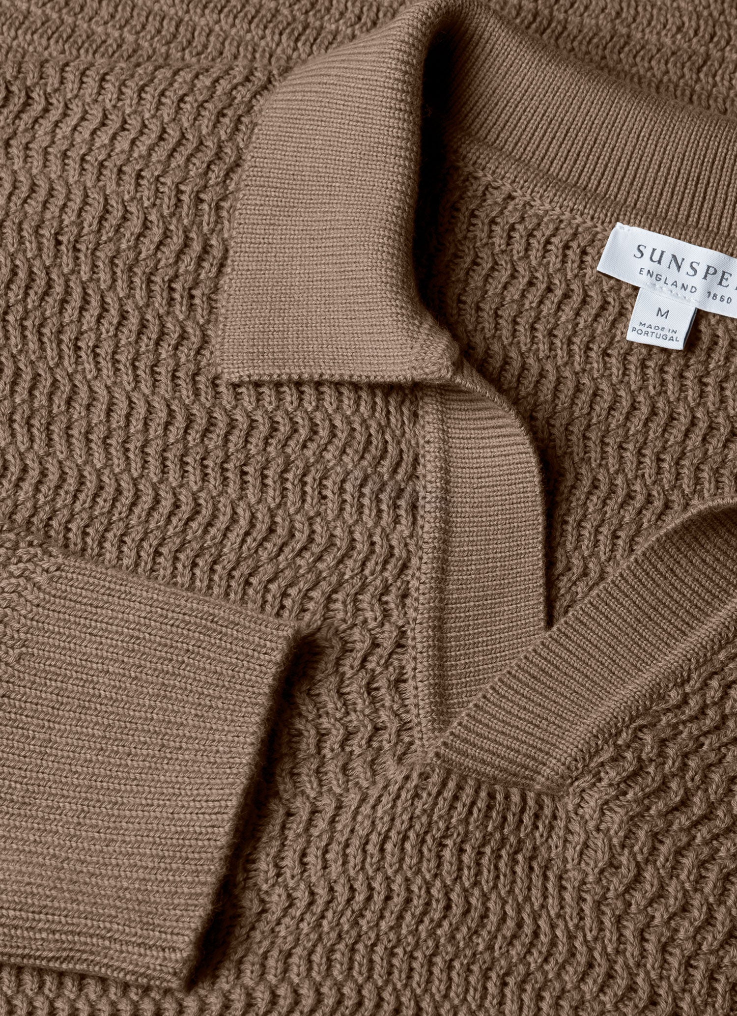 Men's Long Sleeve Textured Cotton Polo Shirt in Dark Stone