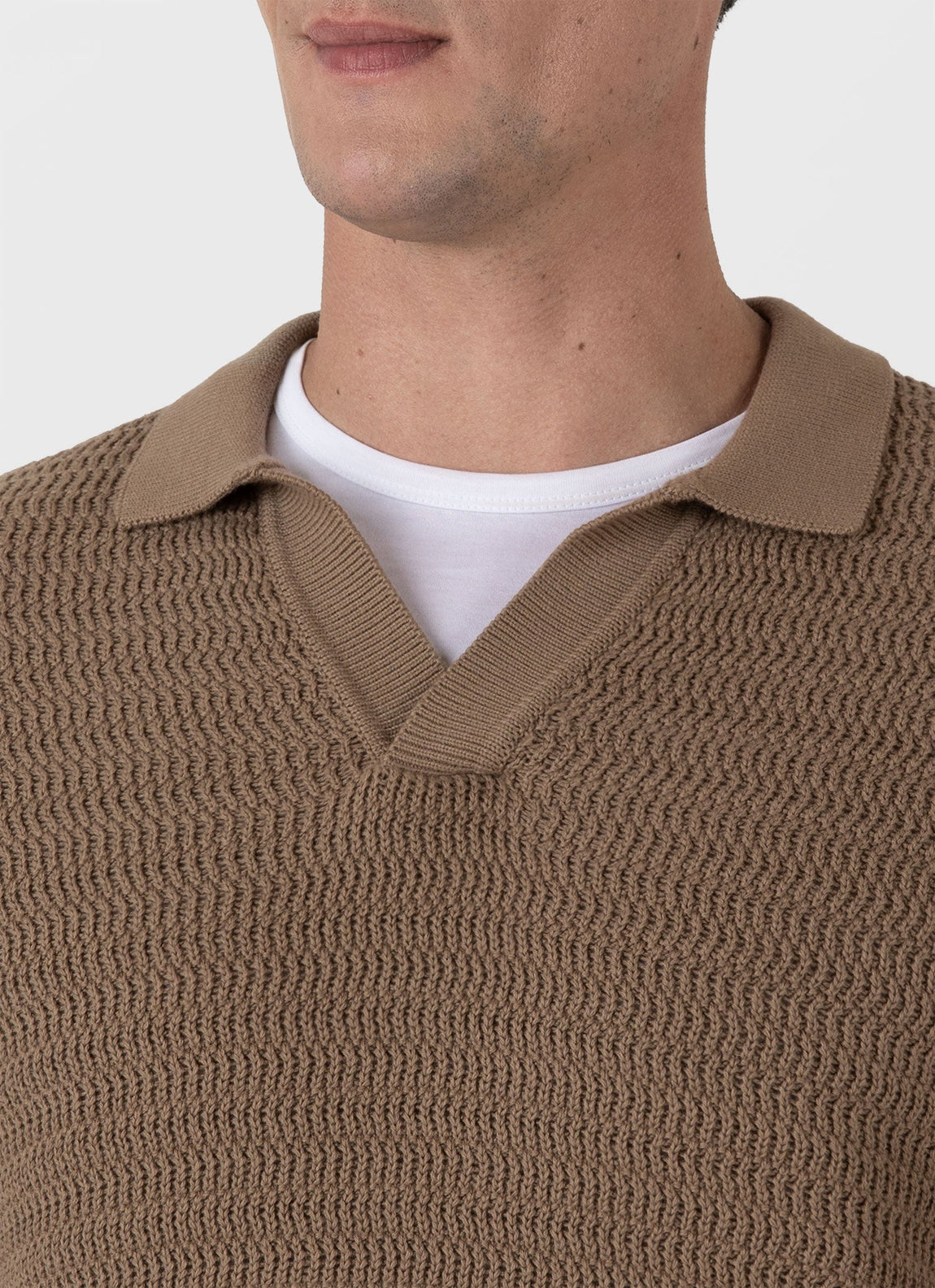 Men's Long Sleeve Textured Cotton Polo Shirt in Dark Stone