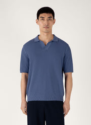 Men's Compact Mesh Knit Polo Shirt in Soft Denim