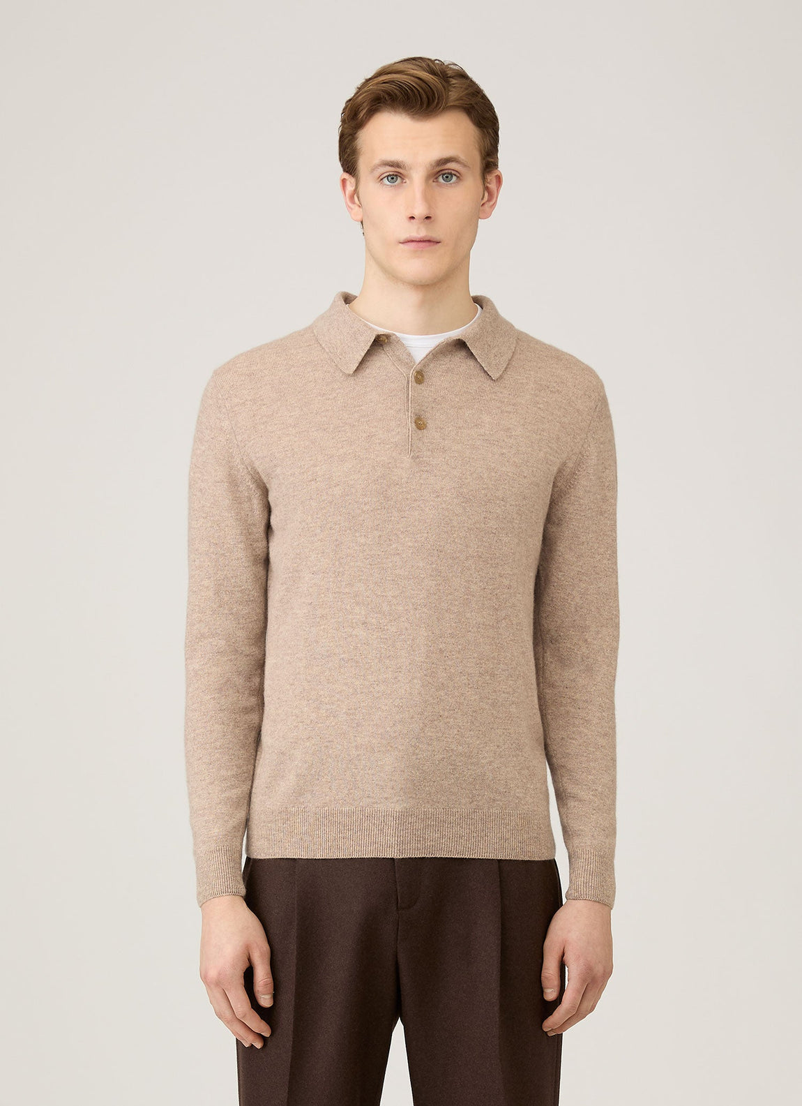 Men's Cashmere Knitted Polo Shirt in Oatmeal Melange