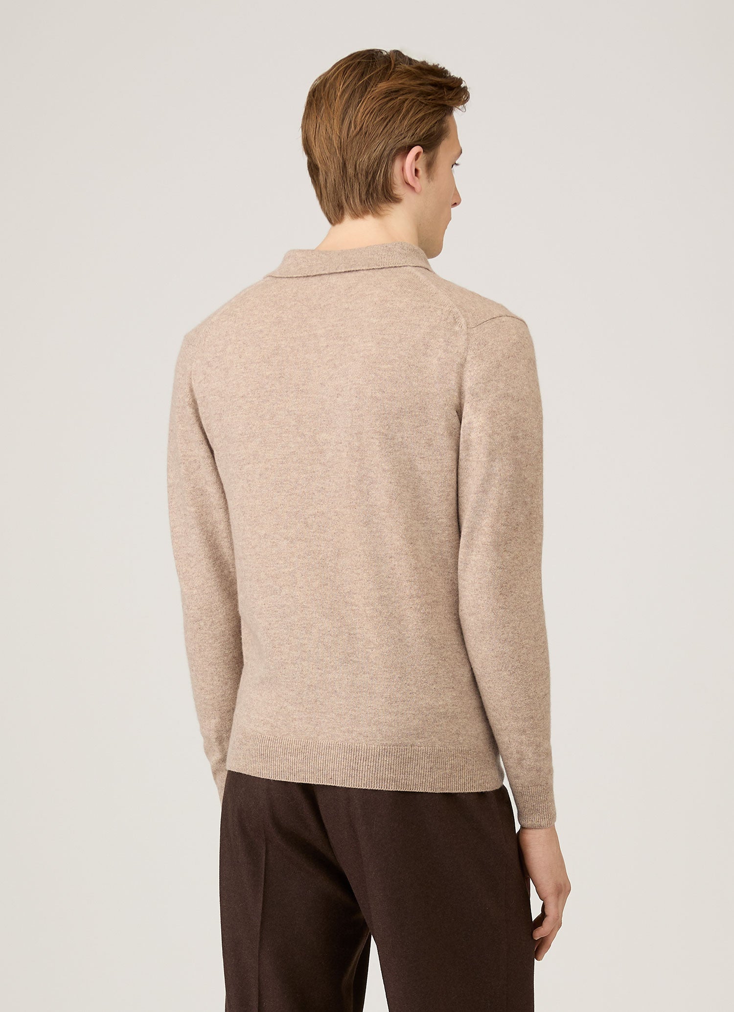Men's Cashmere Knitted Polo Shirt in Oatmeal Melange