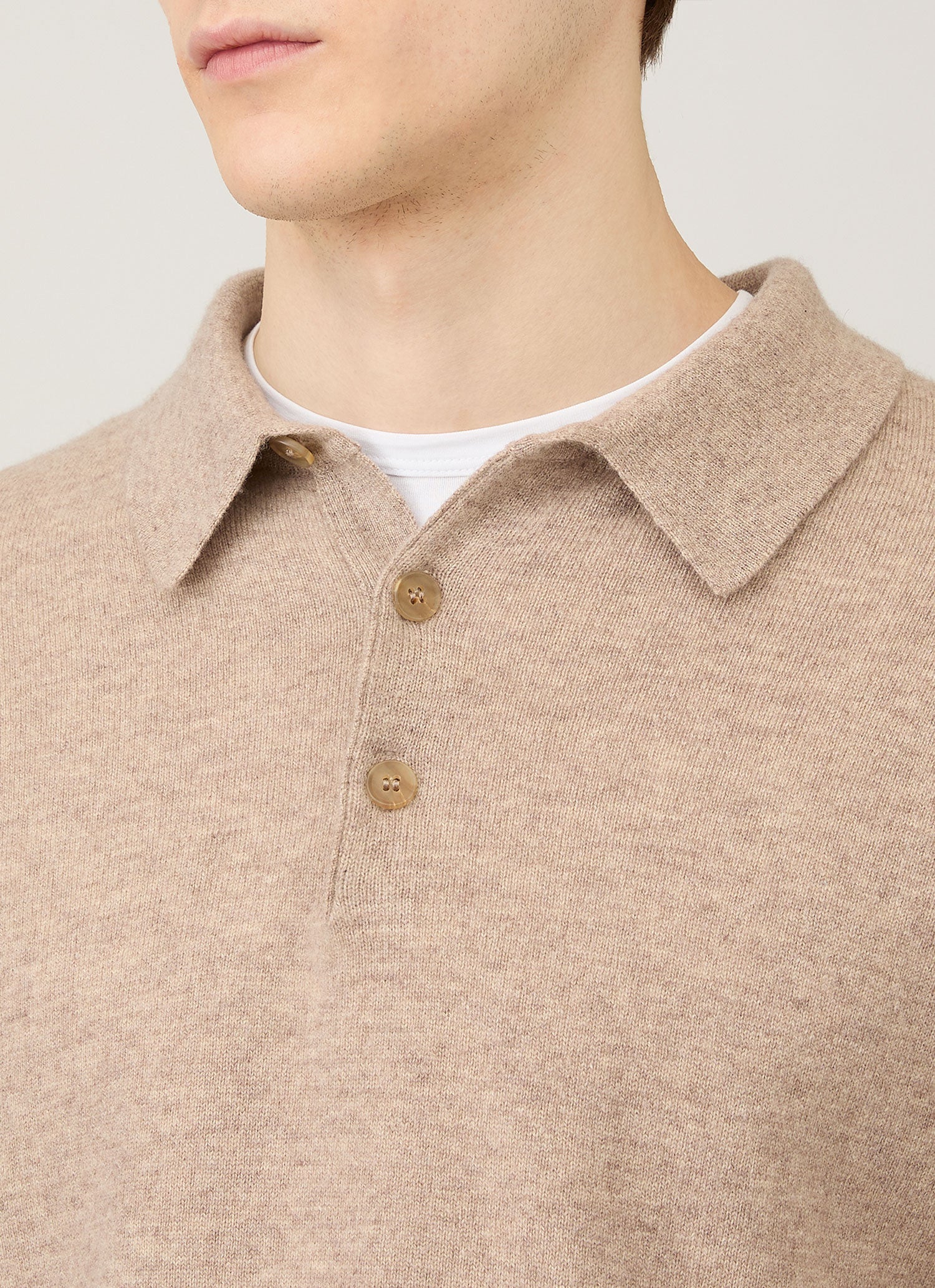 Men's Cashmere Knitted Polo Shirt in Oatmeal Melange