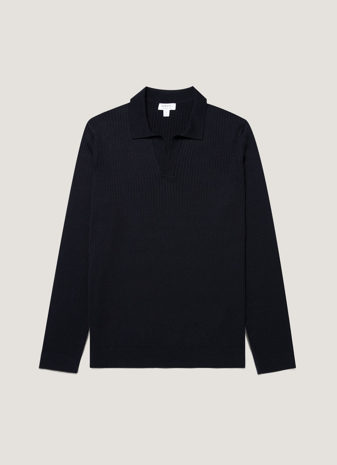 Men's Long Sleeve Fine Rib Silk Cotton Polo Shirt in Navy