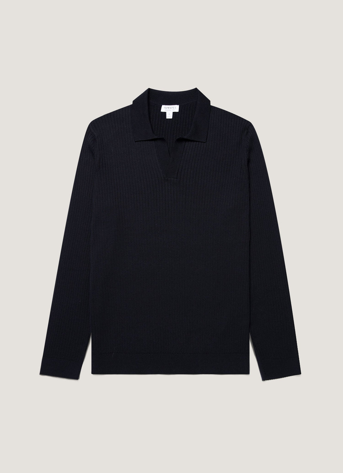 Men's Long Sleeve Fine Rib Silk Cotton Polo Shirt in Navy