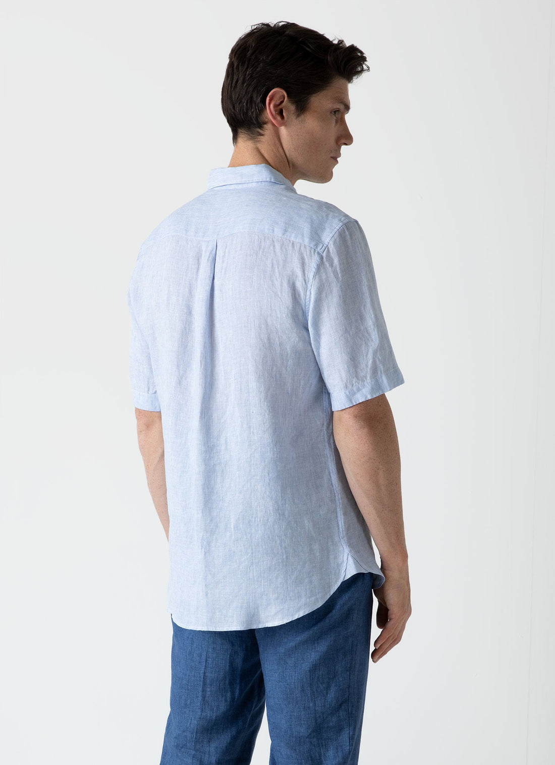 Men's Short Sleeve Linen Shirt in Cool Blue Micro Stripe