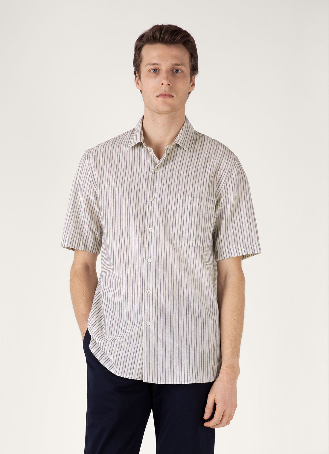 Men's Short Sleeve Vintage Stripe Shirt in Soft Denim/Ecru