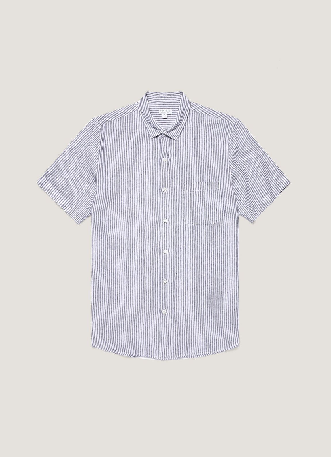 Men's Short Sleeve Linen Shirt in Navy/White Classic Stripe