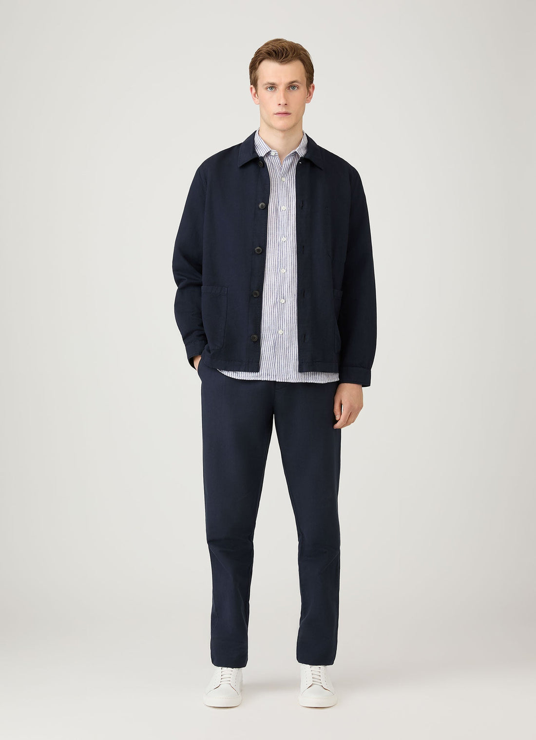 Men's Short Sleeve Linen Shirt in White/Navy