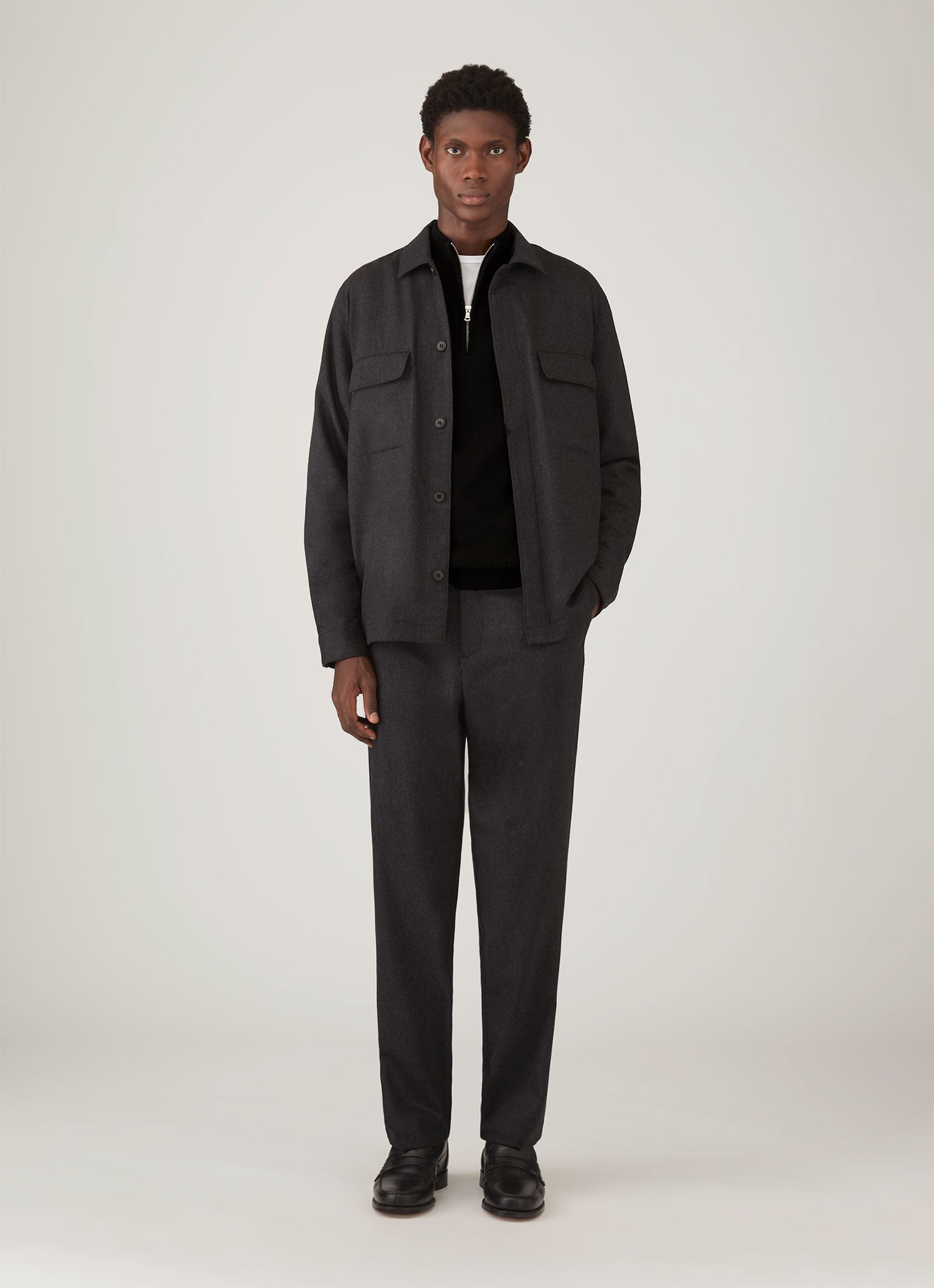 Men's Wool Cashmere Flannel Overshirt in Charcoal Melange