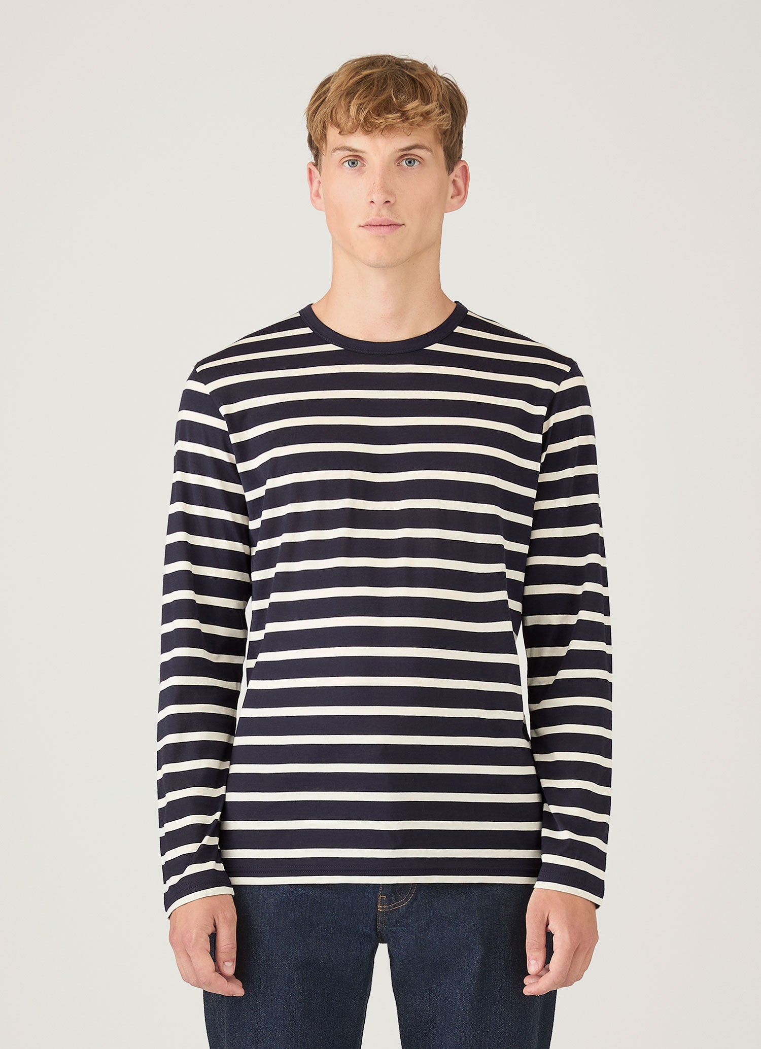 Men's Long Sleeve Classic T-shirt in Navy/Ecru Breton Stripe
