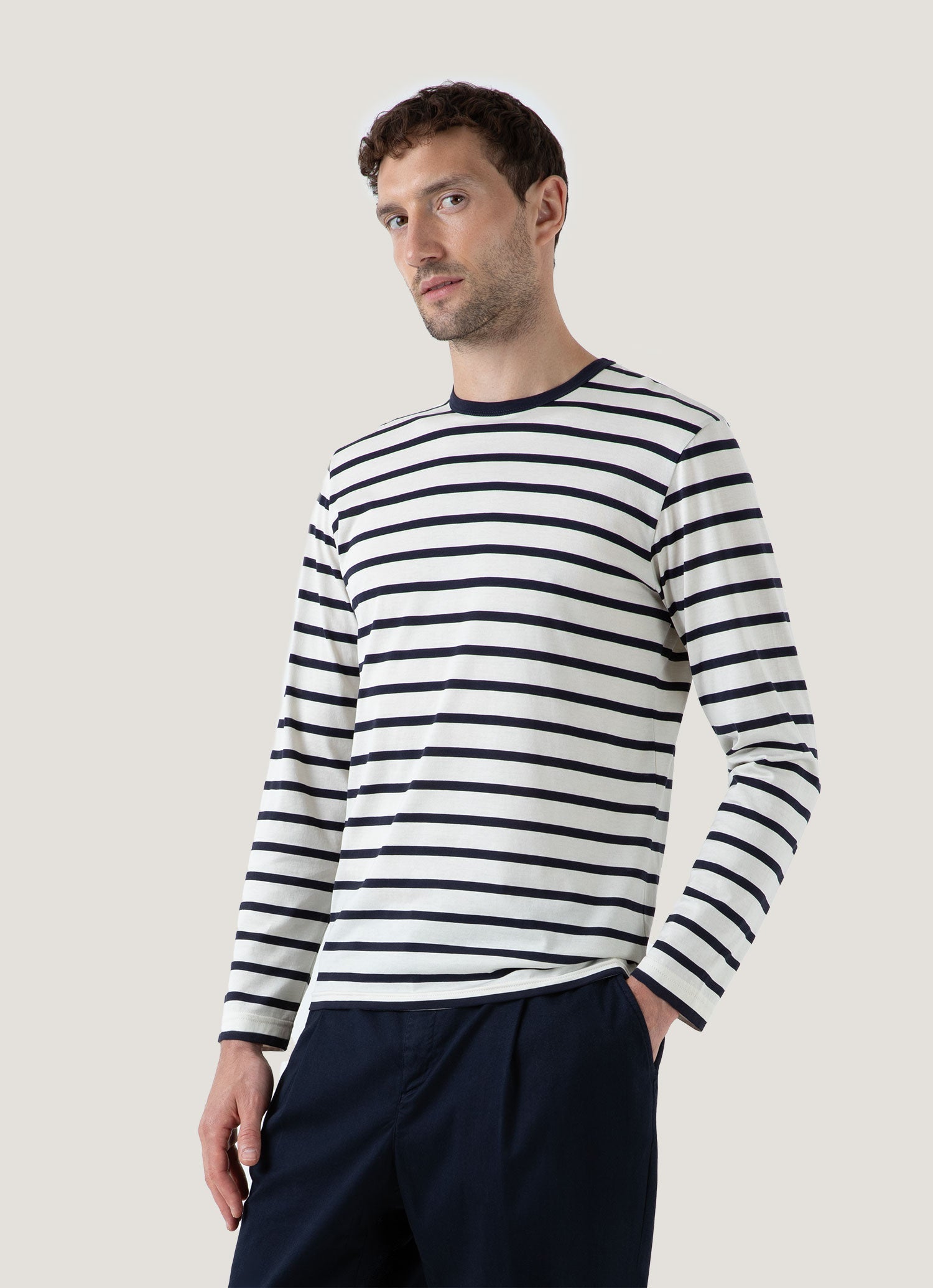 Men's Long Sleeve Classic T-shirt in Ecru/Navy Breton Stripe