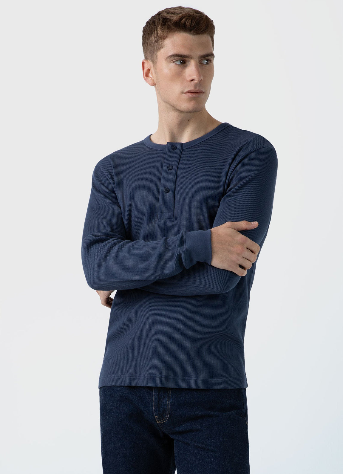 Men's Long Sleeve Waffle Henley in Slate Blue