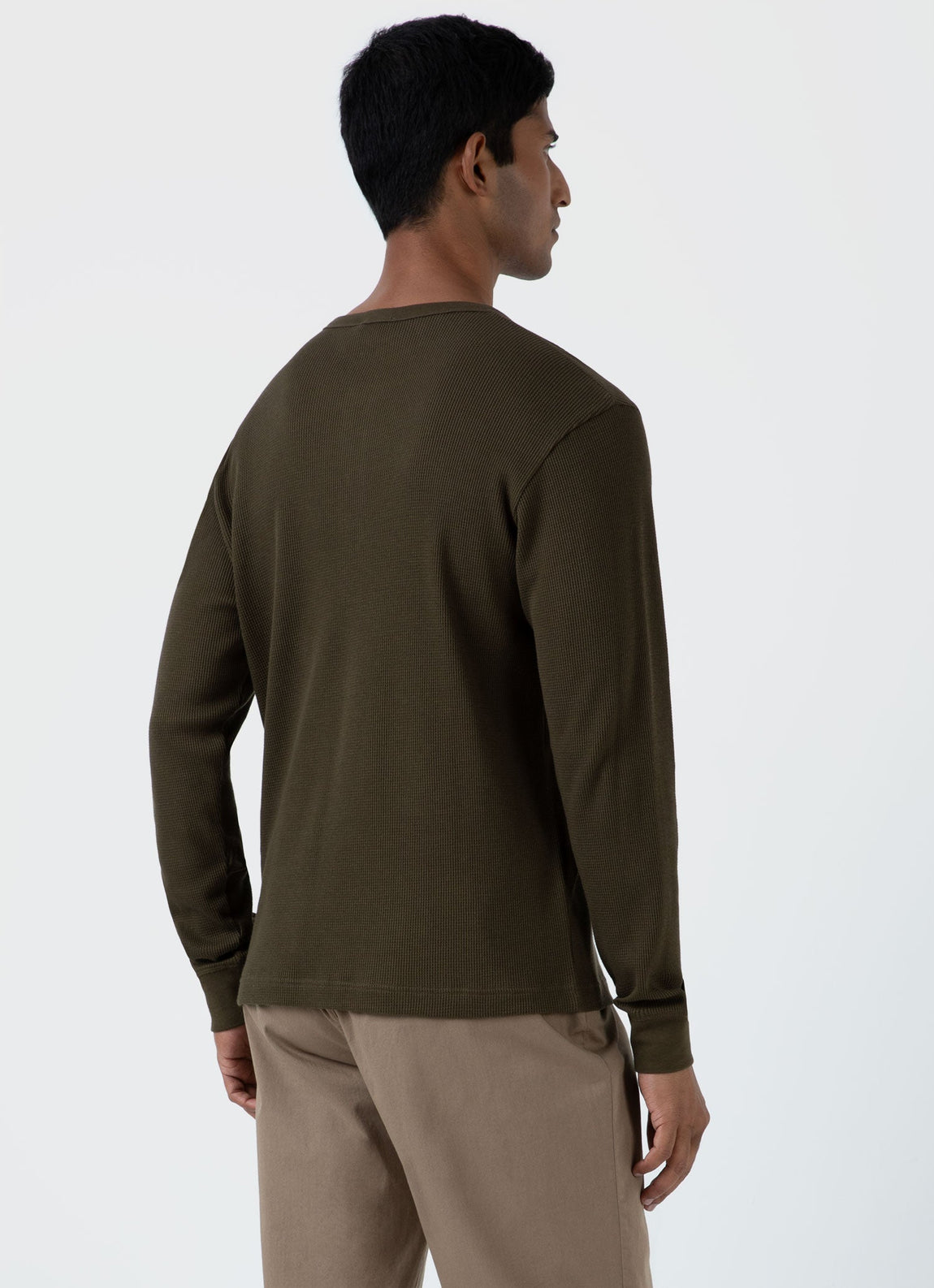 Men's Long Sleeve Waffle Henley in Dark Olive