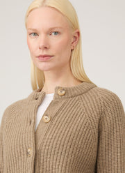 Women's Ribbed Crew Neck Cardigan in Mink