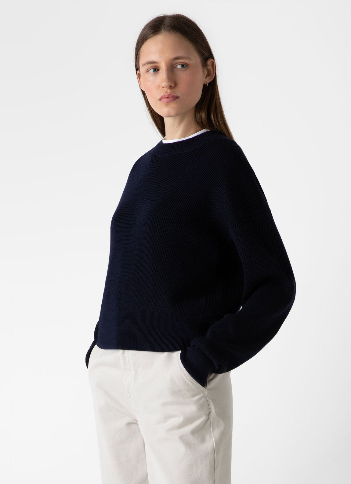 Women's Ribbed Crew Neck Jumper in Navy