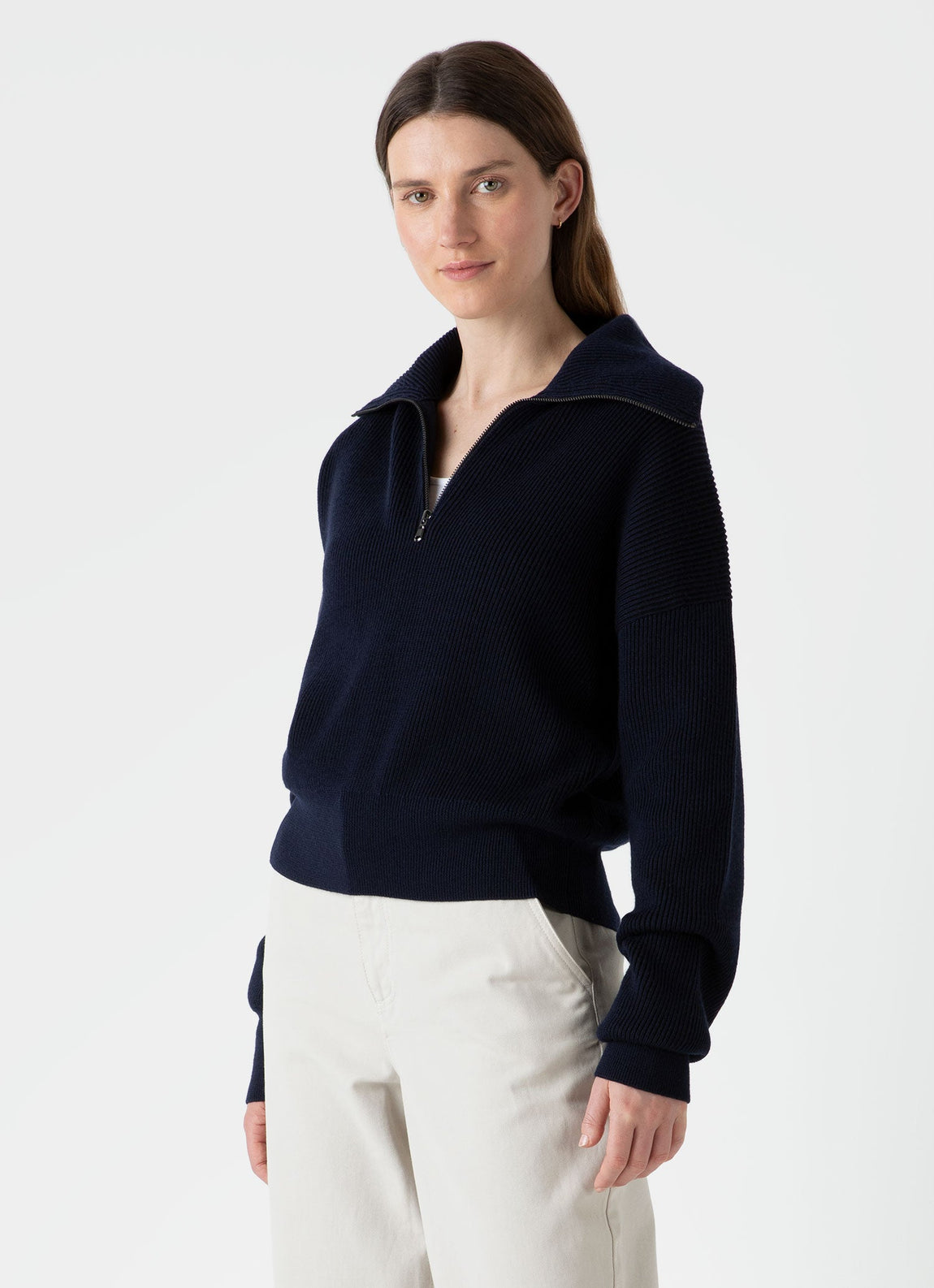 Women's Ribbed Half Zip Jumper in Navy